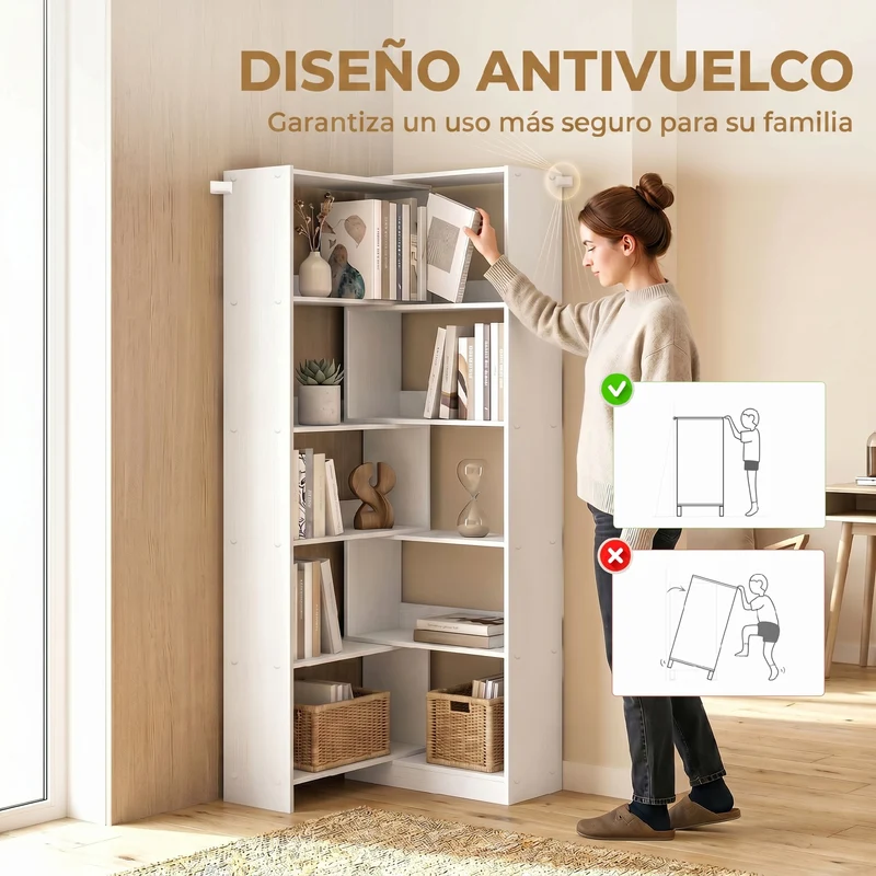 HOMCOM Estantería Expandible 5 Niveles, Librería para Libros Giratoria 350°, Ancho Ajustable, Convertible en en L, Recta o Compacta para Salón, Dormitorio, Estudio 111,5x23,8x163,7 cm Blanco