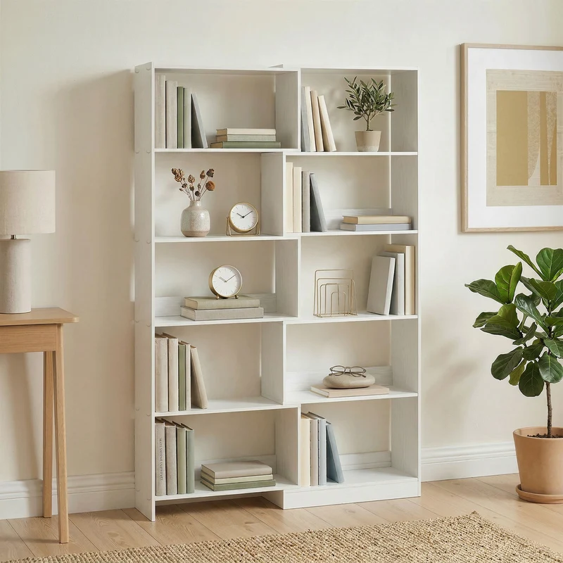 HOMCOM Estantería Expandible 5 Niveles, Librería para Libros Giratoria 350°, Ancho Ajustable, Convertible en en L, Recta o Compacta para Salón, Dormitorio, Estudio 111,5x23,8x163,7 cm Blanco