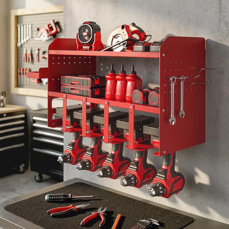 Outsunny Organizador de Herramientas Eléctricas de Jardín, Estante de Almacenamiento de Pared de 2 Niveles para 5 Taladros, Soporte de Metal con Bandeja Lateral y 4 Ganchos, para Garaje,Taller, Rojo