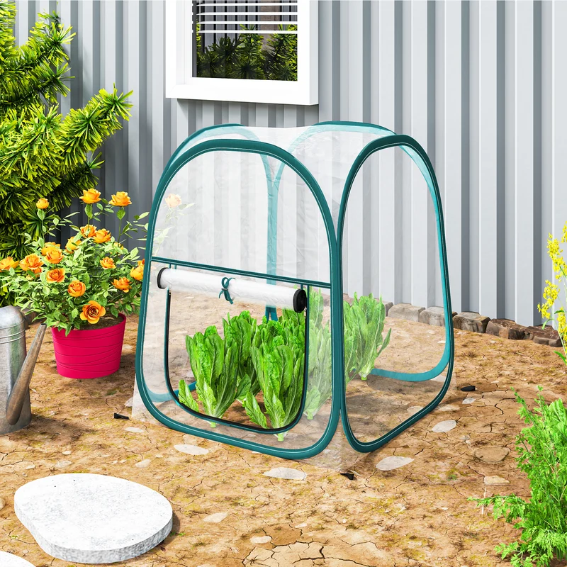 Outsunny Mini Invernadero Plegable Pop-up, Invernadero Exterior Transparente con Puerta Enrollable y Cubierta de Plástico, Contraviento, para Cultivar Plantas, Flores, 70x70x80 cm, Transparente