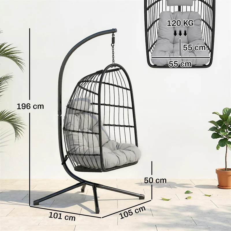 Outsunny Silla Colgante Huevo con Soporte, Columpio Jardín Exterior con Cesta Plegable de Ratán, Cojín Grueso, Reposacabezas, Altura Ajustable, Estructura Metálica para Interior y Exterior, Gris Claro