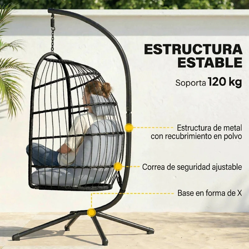Outsunny Silla Colgante Huevo con Soporte, Columpio Jardín Exterior con Cesta Plegable de Ratán, Cojín Grueso, Reposacabezas, Altura Ajustable, Estructura Metálica para Interior y Exterior, Gris Claro