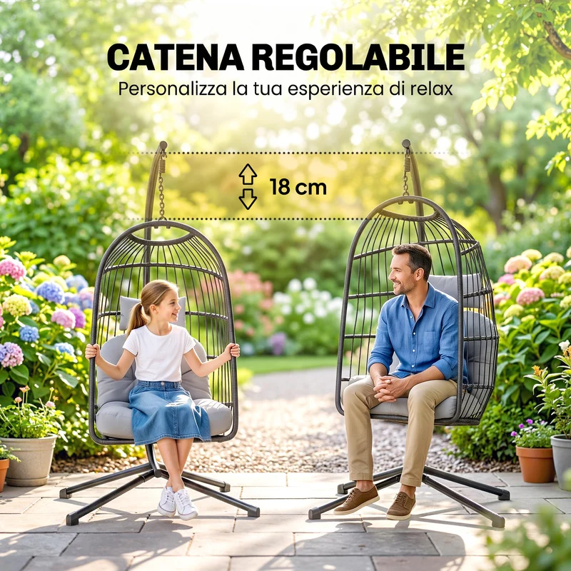 Outsunny Silla Colgante Huevo con Soporte, Columpio Jardín Exterior con Cesta Plegable de Ratán, Cojín Grueso, Reposacabezas, Altura Ajustable, Estructura Metálica para Interior y Exterior, Gris Claro