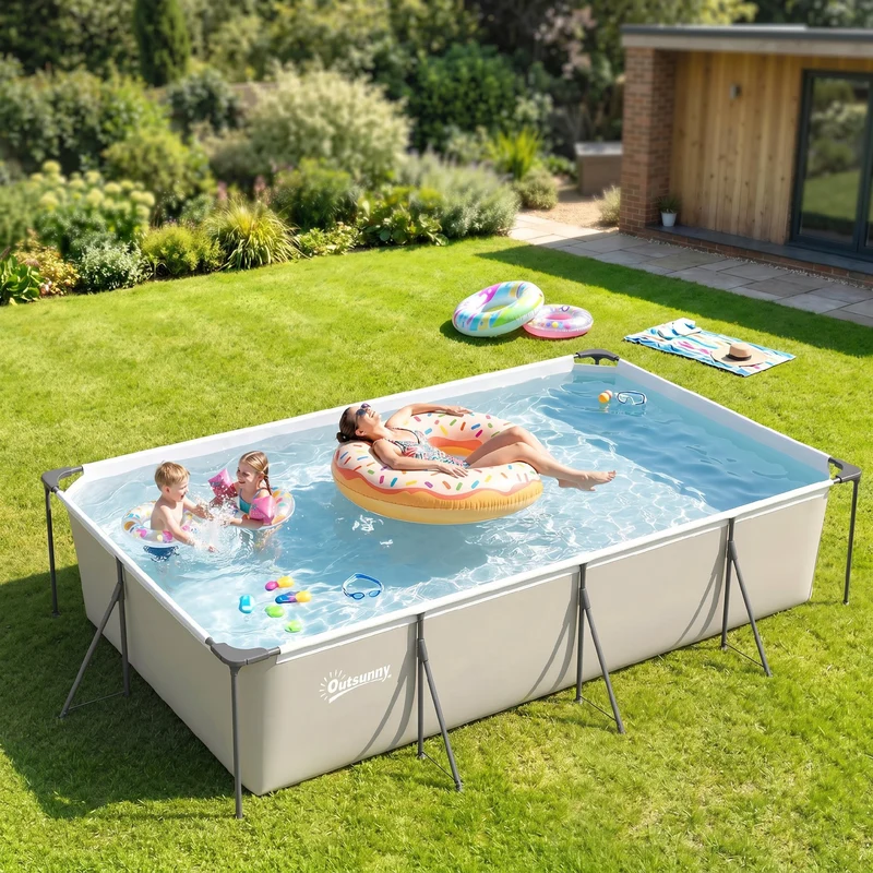 Outsunny Piscina Desmontable Tubular 394,5x208,3x80,5 cm 6075 L, Piscina Rectangular con Marco Metálico Estable, Parche Reparación, Bomba Filtro No Incluida para 4-6 Personas, Jardín, Exterior, Gris