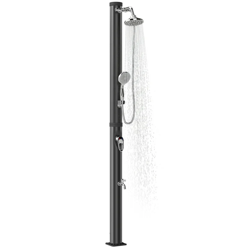 Outsunny Ducha Solar de Jardín 20L Ducha Solar Exterior con Cabezal Rociador de Mano Grifo Pies Agua Fría y Caliente Máx. 60 °C Protección contra Congelamiento para Piscina Camping 42x11x215 cm Negro