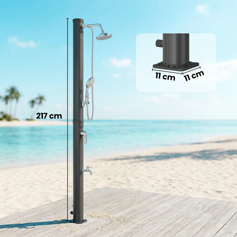 Outsunny Ducha Solar de Jardín 20L Ducha Solar Exterior con Cabezal Rociador de Mano Grifo Pies Agua Fría y Caliente Máx. 60 °C Protección contra Congelamiento para Piscina Camping 42x11x215 cm Negro