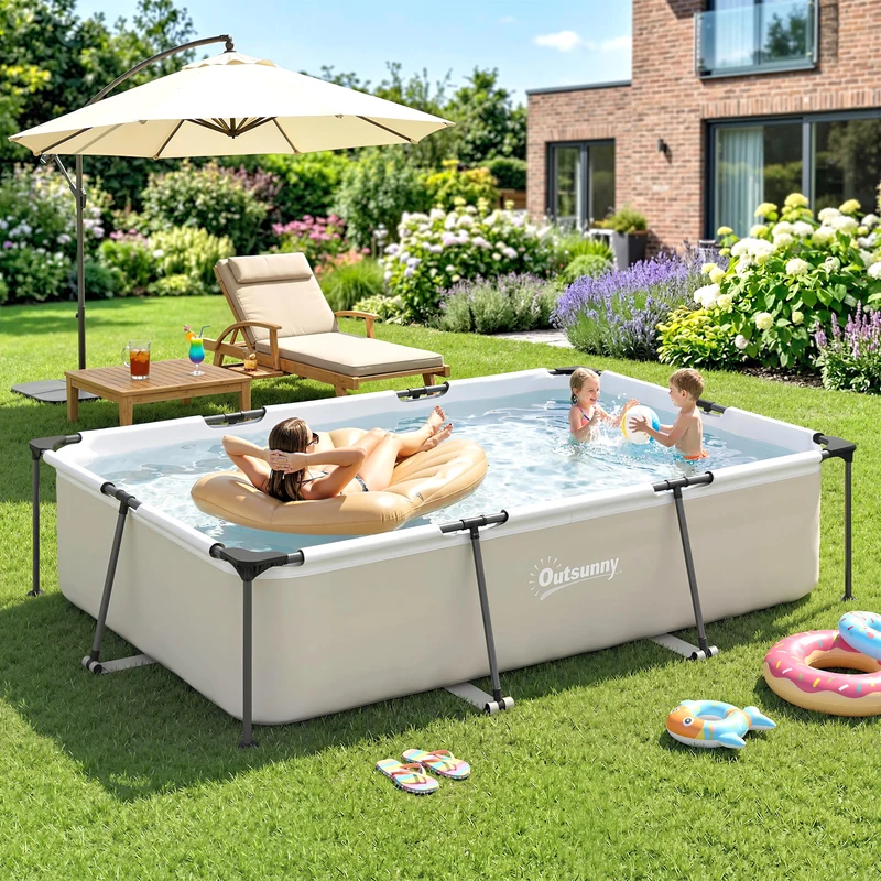 Outsunny Piscina Desmontable Tubular 316x238x66,5 cm 3700 L, Piscina Rectangular con Marco Metálico Estable, Parche de Reparación, Bomba de Filtro No Incluida para 2-4 Personas, Jardín, Exterior, Gris