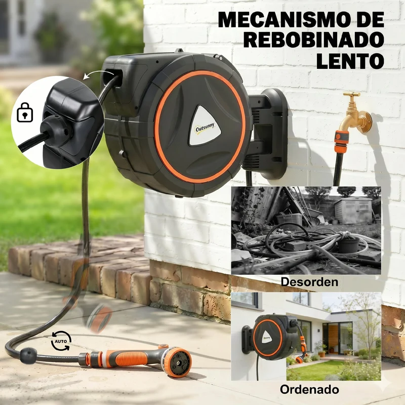 Outsunny Enrollador de Manguera para Jardín 28+2 m con 12 Modos de Rociado, Carrete de Manguera de Jardín de Pared con Bloqueo Automático y Retracción Controlada, Soporte Orientable 180°, Naranja