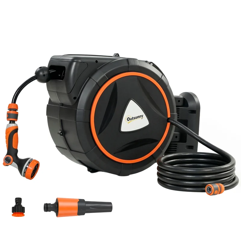 Outsunny Enrollador de Manguera para Jardín 23+2 m con 12 Modos de Rociado, Carrete de Manguera de Jardín de Pared con Bloqueo Automático y Retracción Controlada, Soporte Orientable 180°, Naranja