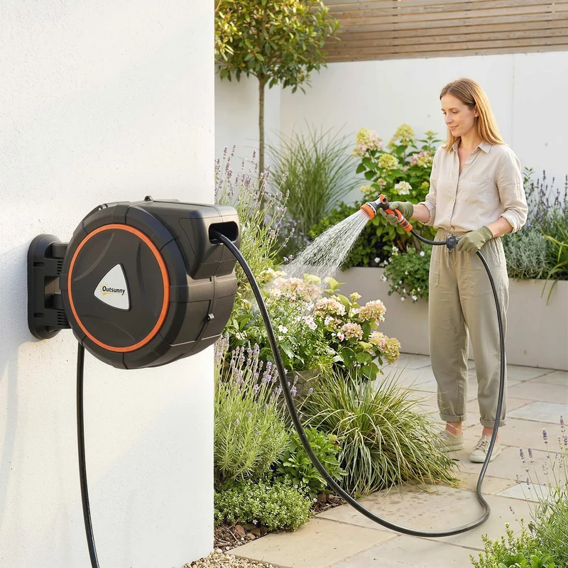 Outsunny Enrollador de Manguera para Jardín 23+2 m con 12 Modos de Rociado, Carrete de Manguera de Jardín de Pared con Bloqueo Automático y Retracción Controlada, Soporte Orientable 180°, Naranja