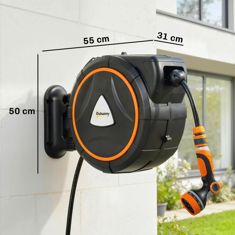 Outsunny Enrollador de Manguera para Jardín 23+2 m con 12 Modos de Rociado, Carrete de Manguera de Jardín de Pared con Bloqueo Automático y Retracción Controlada, Soporte Orientable 180°, Naranja