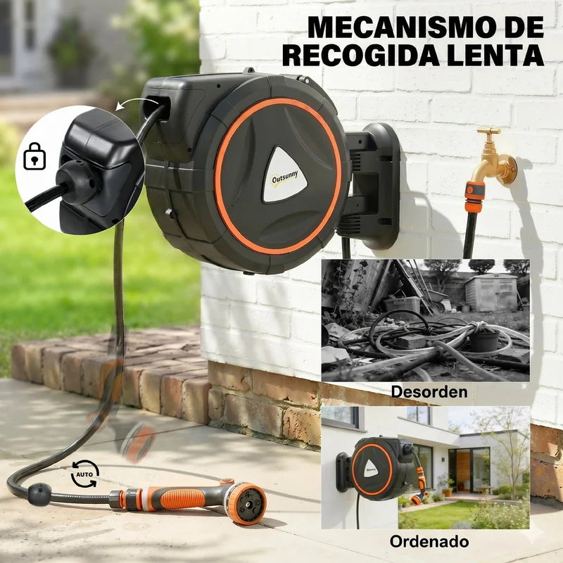 Outsunny Enrollador de Manguera para Jardín 23+2 m con 12 Modos de Rociado, Carrete de Manguera de Jardín de Pared con Bloqueo Automático y Retracción Controlada, Soporte Orientable 180°, Naranja