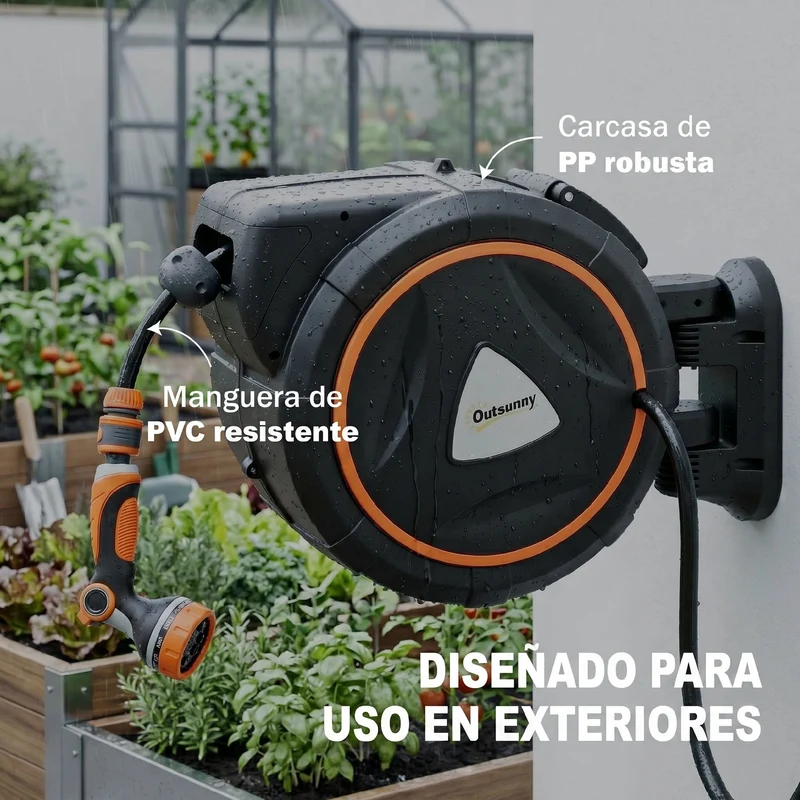 Outsunny Enrollador de Manguera para Jardín 23+2 m con 12 Modos de Rociado, Carrete de Manguera de Jardín de Pared con Bloqueo Automático y Retracción Controlada, Soporte Orientable 180°, Naranja