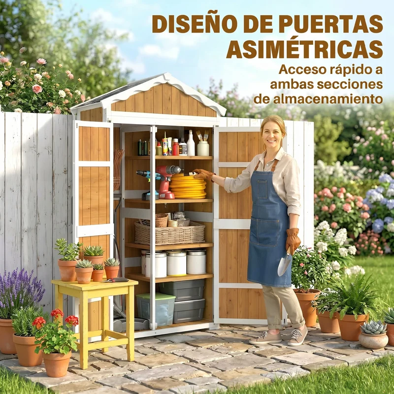 Outsunny Caseta de Jardín de Madera 105x55x179 cm Cobertizo Jardín Exterior Impermeable Armario Exterior Herramientas con Puertas 4 Estantes Extraíbles Techo Metal Galvanizado Pies Ajustables Natural
