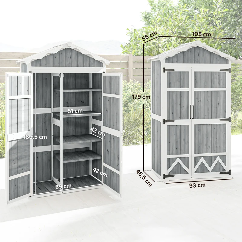 Outsunny Caseta de Jardín de Madera 105x55x179 cm Cobertizo Jardín Exterior Impermeable Armario Exterior Herramientas con Puertas 4 Estantes Extraíbles Techo Metal Galvanizado Pies Ajustables Gris