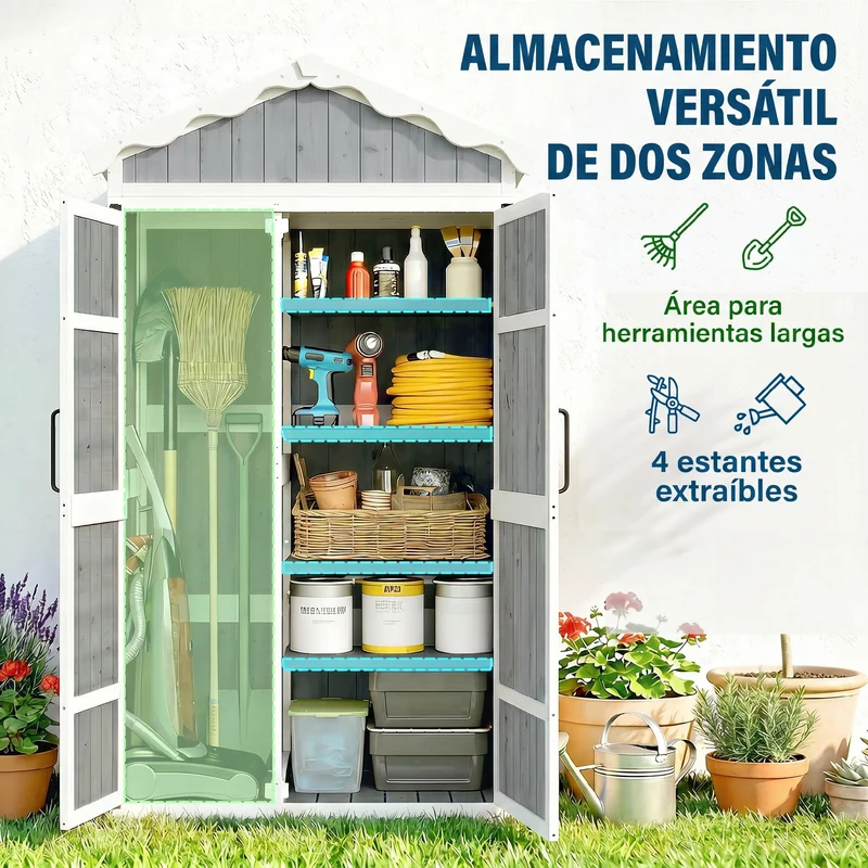 Outsunny Caseta de Jardín de Madera 105x55x179 cm Cobertizo Jardín Exterior Impermeable Armario Exterior Herramientas con Puertas 4 Estantes Extraíbles Techo Metal Galvanizado Pies Ajustables Gris