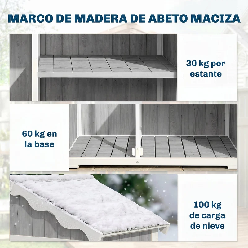 Outsunny Caseta de Jardín de Madera 105x55x179 cm Cobertizo Jardín Exterior Impermeable Armario Exterior Herramientas con Puertas 4 Estantes Extraíbles Techo Metal Galvanizado Pies Ajustables Gris