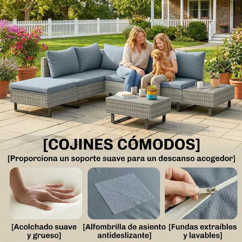 Outsunny Conjunto de Jardín de Ratán de 3 Piezas, Respaldo Ajustable, Conjunto Terraza, Muebles Jardín Exterior Incluye Cojines, Sofá de 3 Plazas, Sofá de 2 Plazas, Mesa de Madera Plástico, Gris