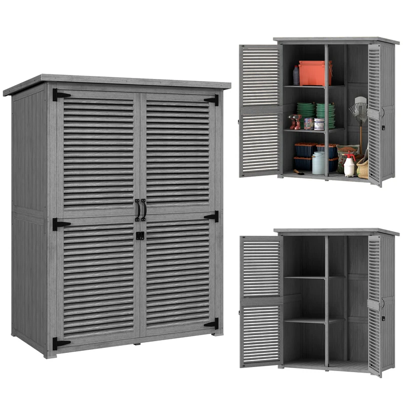 Outsunny Caseta de Jardín de Madera, 127x65x168 cm, Cobertizo Jardín Exterior, Armario para Almacenaje Herramientas, con 2 Puertas de Persiana 2 Estantes Techo Impermeable para Patio Terraza, Gris