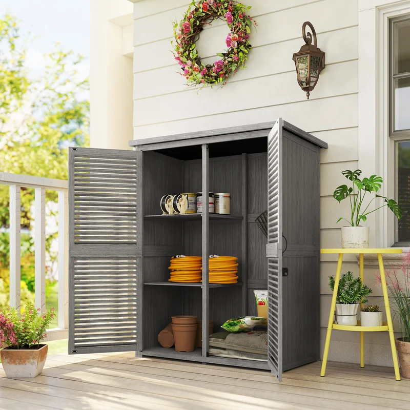Outsunny Caseta de Jardín de Madera, 127x65x168 cm, Cobertizo Jardín Exterior, Armario para Almacenaje Herramientas, con 2 Puertas de Persiana 2 Estantes Techo Impermeable para Patio Terraza, Gris