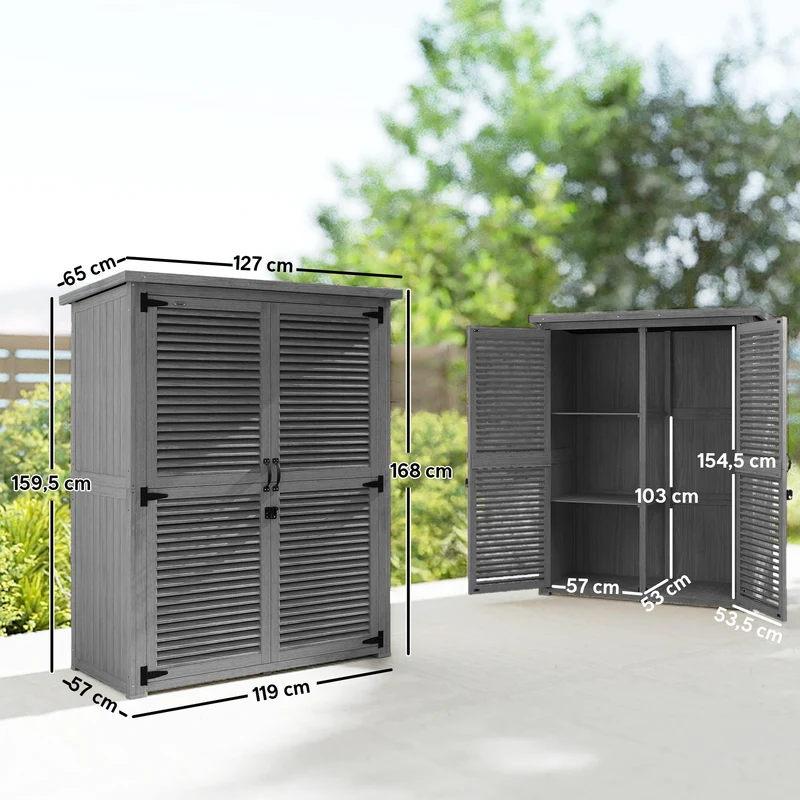 Outsunny Caseta de Jardín de Madera, 127x65x168 cm, Cobertizo Jardín Exterior, Armario para Almacenaje Herramientas, con 2 Puertas de Persiana 2 Estantes Techo Impermeable para Patio Terraza, Gris