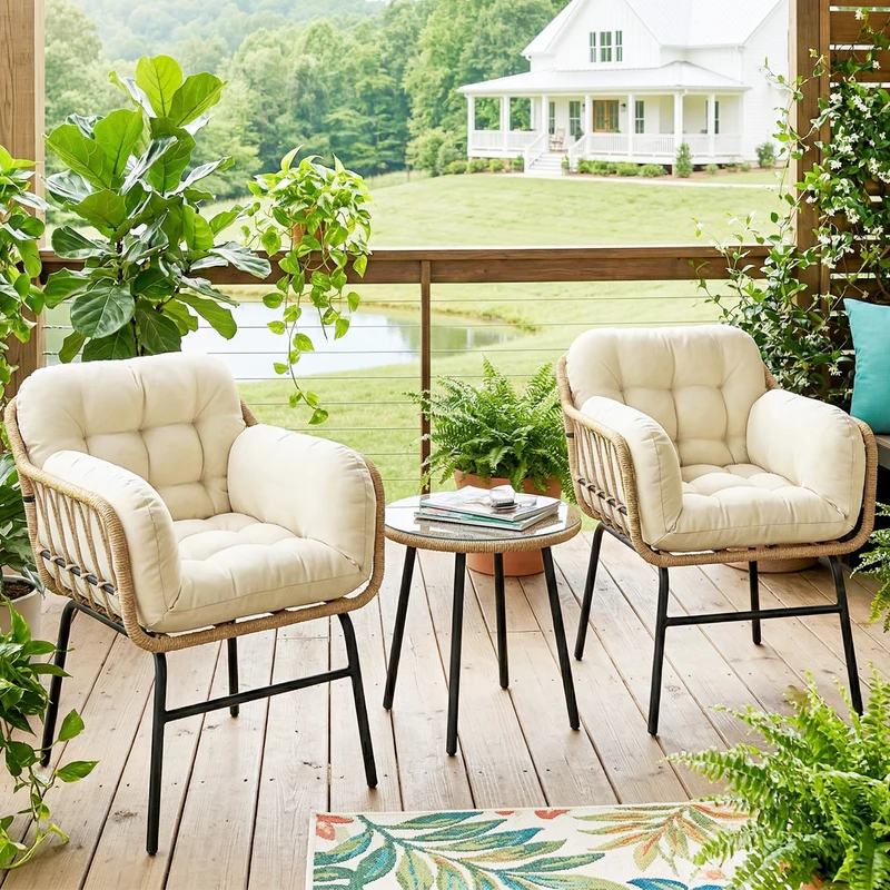 Outsunny Conjunto de Jardín Exterior de 3 Piezas, Muebles Jardín Exterior de Ratán PE, 2 Sillas con Cojines Suaves y Mesa de Vidrio Templado, Resistente a la Intemperie, para Balcón, Patio, Caqui