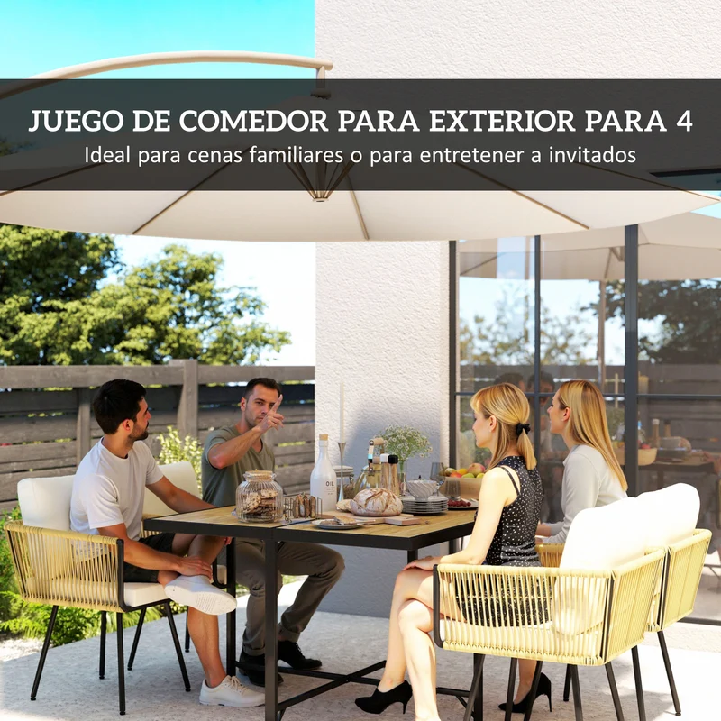 Outsunny Conjunto de Mesa y Sillas Jardín de Ratán de 5 Piezas, Muebles Jardín Exterior con Mesa de Plástico-Madera y 4 Sillas con Cojines Extraíbles, Marco de Metal Resistente para Terraza, Beige