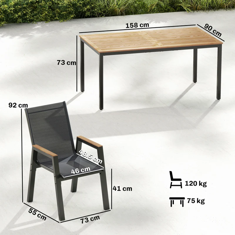 Outsunny Conjunto de Mesa y Sillas Jardín de 7 Piezas, Muebles Jardín Exterior con Mesa con Tablero de Listones Efecto Madera, 6 Sillas Transpirables, Marco de Metal Resistente a la Intemperie, Negro