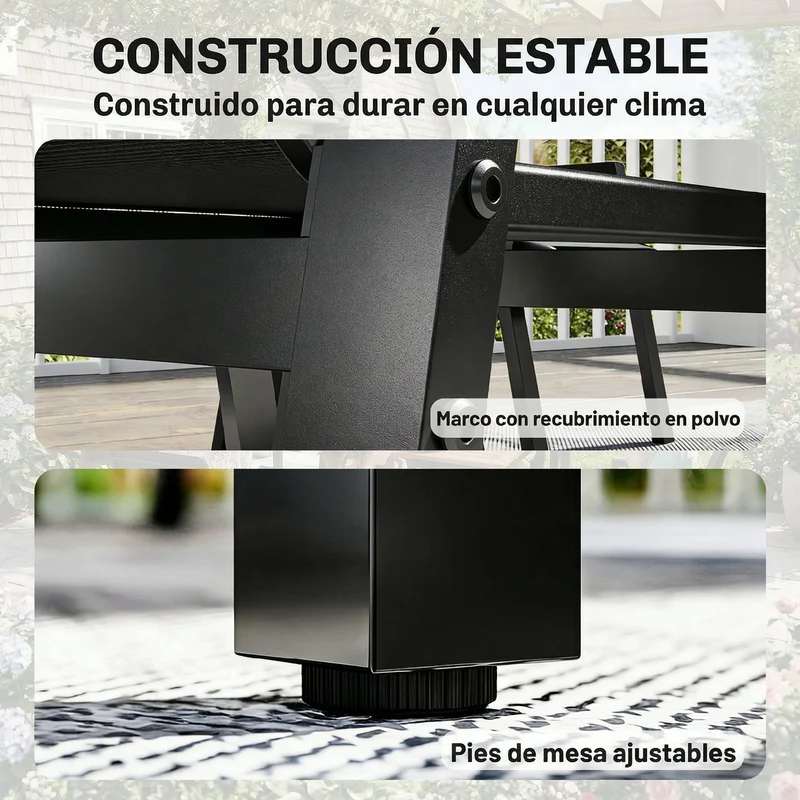 Outsunny Conjunto de Mesa y Sillas Jardín de 7 Piezas, Muebles Jardín Exterior con Mesa con Tablero de Listones Efecto Madera, 6 Sillas Transpirables, Marco de Metal Resistente a la Intemperie, Negro