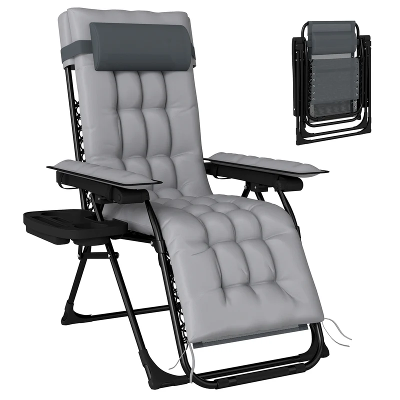Outsunny Silla de Gravedad Cero, Tumbona Plegable de Jardín Exterior, Tumbona Reclinable Ajustable con Reposabrazos, Reposacabezas, Cojín, Portavasos y Almohada, para Patio, Playa, Terraza, Gris Claro