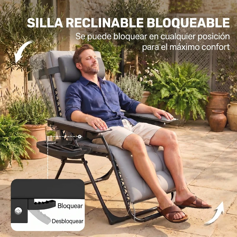 Outsunny Silla de Gravedad Cero, Tumbona Plegable de Jardín Exterior, Tumbona Reclinable Ajustable con Reposabrazos, Reposacabezas, Cojín, Portavasos y Almohada, para Patio, Playa, Terraza, Gris Claro