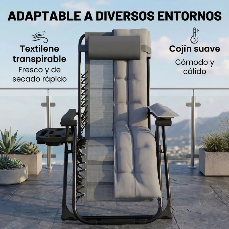 Outsunny Silla de Gravedad Cero, Tumbona Plegable de Jardín Exterior, Tumbona Reclinable Ajustable con Reposabrazos, Reposacabezas, Cojín, Portavasos y Almohada, para Patio, Playa, Terraza, Gris Claro