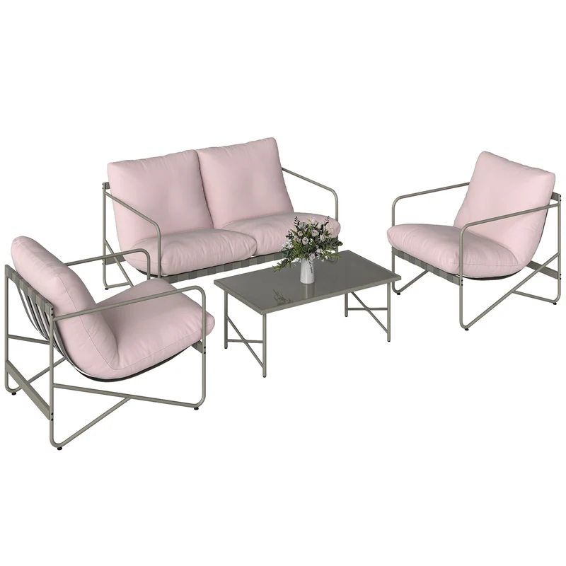 Outsunny Conjunto de Jardín Exterior de 4 Piezas, Muebles Jardín Exterior con Sofá de 2 Plazas, 2 Sillones, Mesa de Vidrio Templado, Cojines Gruesos, para Terraza, Rosa