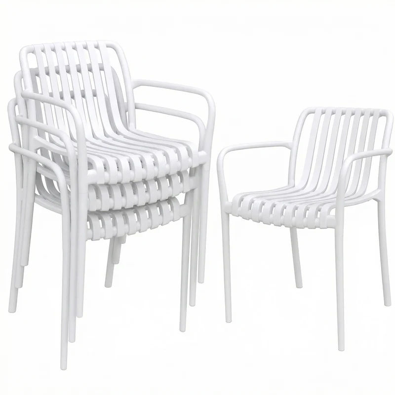 Outsunny Juego de 4 Sillas de Jardín Exterior Apilables, Sillas Terraza Exterior de PP con Respaldo Curvado, Asiento de Listones, Reposabrazos, 55x58,5x81,5 cm, Blanco