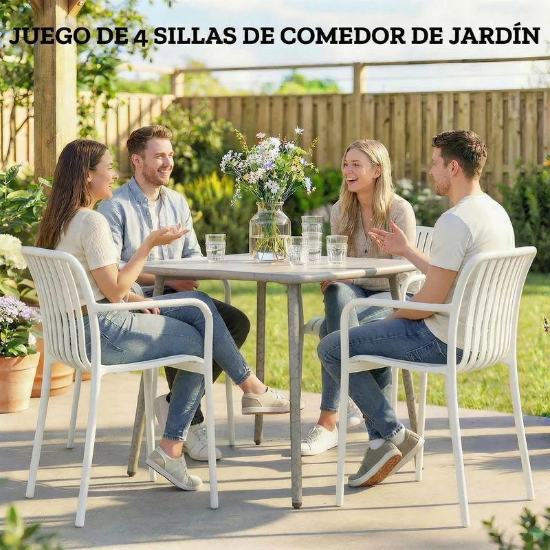 Outsunny Juego de 4 Sillas de Jardín Exterior Apilables, Sillas Terraza Exterior de PP con Respaldo Curvado, Asiento de Listones, Reposabrazos, 55x58,5x81,5 cm, Blanco