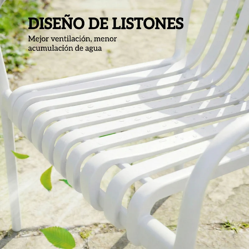 Outsunny Juego de 4 Sillas de Jardín Exterior Apilables, Sillas Terraza Exterior de PP con Respaldo Curvado, Asiento de Listones, Reposabrazos, 55x58,5x81,5 cm, Blanco