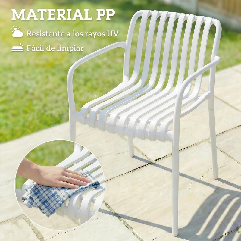 Outsunny Juego de 4 Sillas de Jardín Exterior Apilables, Sillas Terraza Exterior de PP con Respaldo Curvado, Asiento de Listones, Reposabrazos, 55x58,5x81,5 cm, Blanco