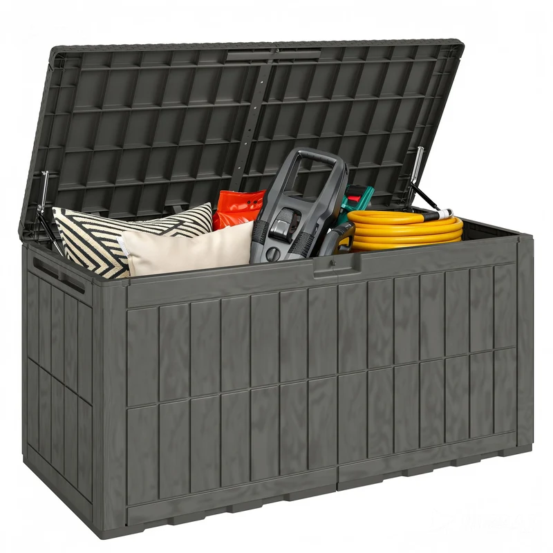 Outsunny Arcón Exterior Capacidad 440L, Baúl de Almacenaje Exterior de Resina Resistente al Agua y a los Rayos UV, con Tapa Bloqueable, Barras de Gas, Asas Laterales, para Jardín, 133x62x65 cm, Café