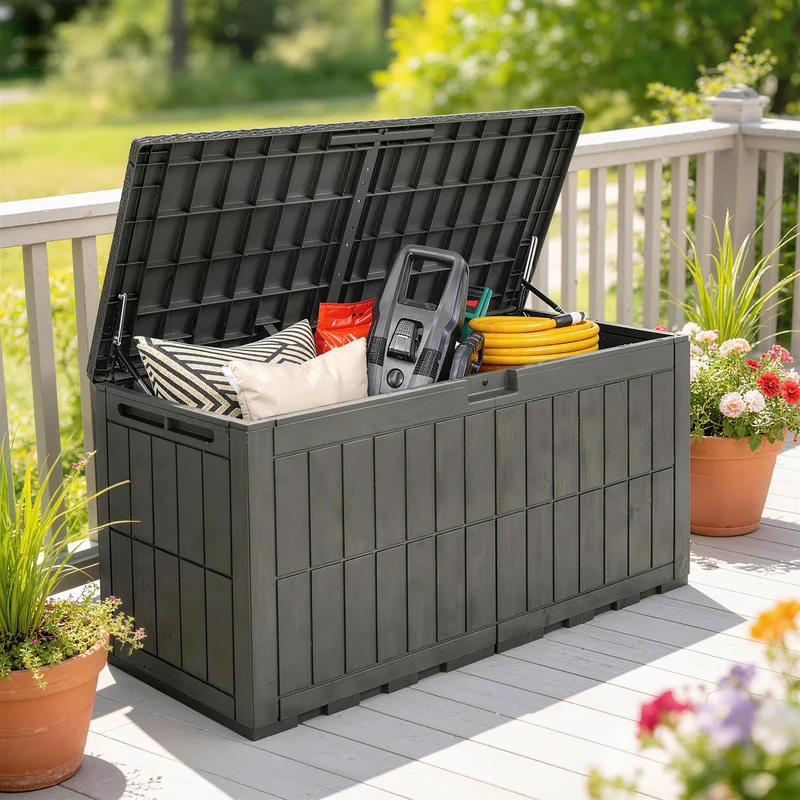 Outsunny Arcón Exterior Capacidad 440L, Baúl de Almacenaje Exterior de Resina Resistente al Agua y a los Rayos UV, con Tapa Bloqueable, Barras de Gas, Asas Laterales, para Jardín, 133x62x65 cm, Café