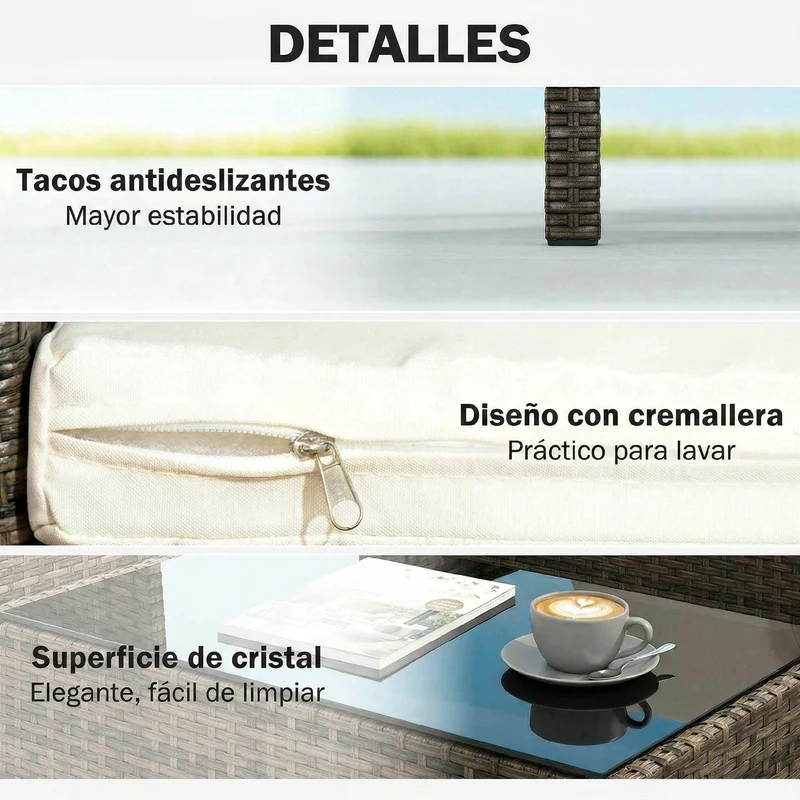 Outsunny Conjunto de Jardín Exterior de Ratán, Conjunto de Terraza con Cojines Lavables, Muebles Jardín Exterior 4 Piezas Incluye Sofá de 2 Plazas, 2 Sillas, Mesa de Centro de Vidrio Templado, Marrón