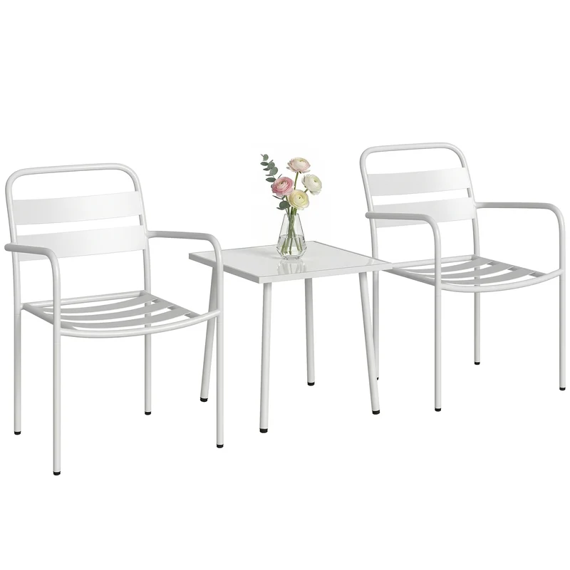 Outsunny Conjunto de Jardín Exterior de 3 Piezas, Muebles Jardín Exterior de Acero Galvanizado con 2 Sillas y Mesa de Vidrio Templado, Resistente a la Intemperie, para Balcón, Patio, Blanco