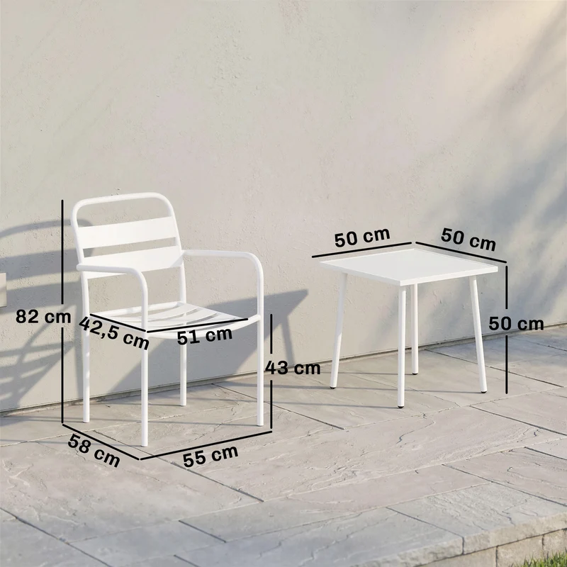 Outsunny Conjunto de Jardín Exterior de 3 Piezas, Muebles Jardín Exterior de Acero Galvanizado con 2 Sillas y Mesa de Vidrio Templado, Resistente a la Intemperie, para Balcón, Patio, Blanco