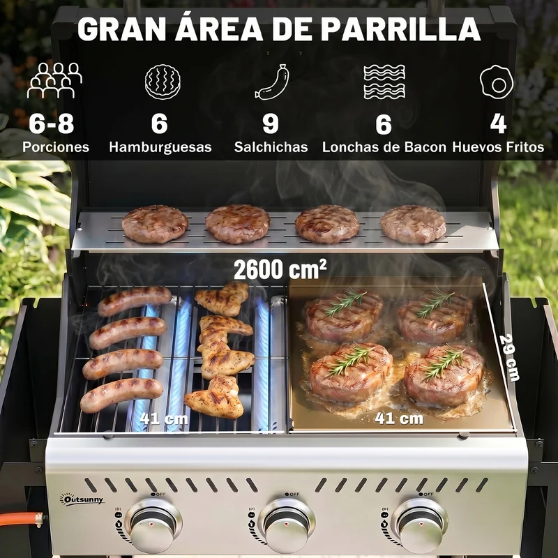 Outsunny Barbacoa de Gas BBQ Gas Portátil con 3 Quemadores 7,5 kW Termómetro Mesas Laterales Plegables Armario Rejilla Calentadora Parrilla Plancha Tapa con Ventana Recogedor y Recipiente Grasa Ruedas