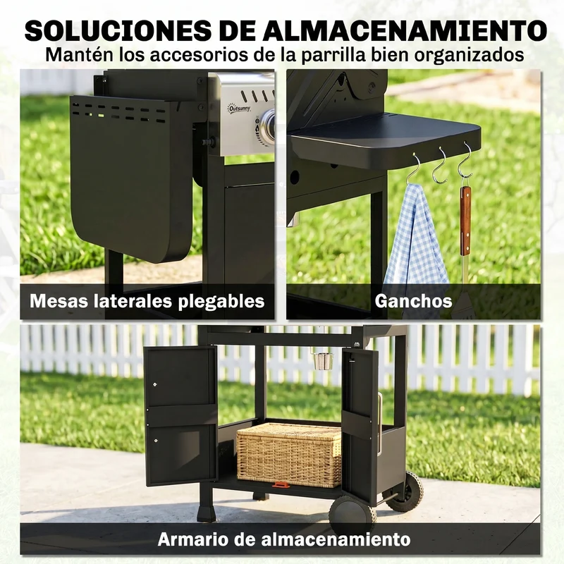 Outsunny Barbacoa de Gas BBQ Gas Portátil con 3 Quemadores 7,5 kW Termómetro Mesas Laterales Plegables Armario Rejilla Calentadora Parrilla Plancha Tapa con Ventana Recogedor y Recipiente Grasa Ruedas