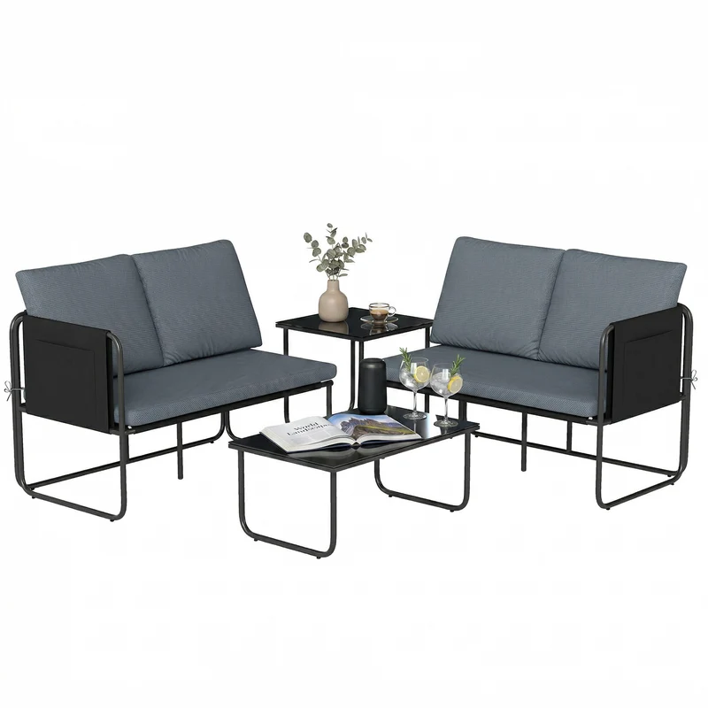 Outsunny Conjunto Jardín Exterior de 4 Piezas, Muebles Jardín Exterior con 2 Sofás 2 Plazas, 2 Mesas de Vidrio, Cojines, Fundas Extraíbles, Bolsillos, Tela Textilene Transpirable, Marco Acero, Gris