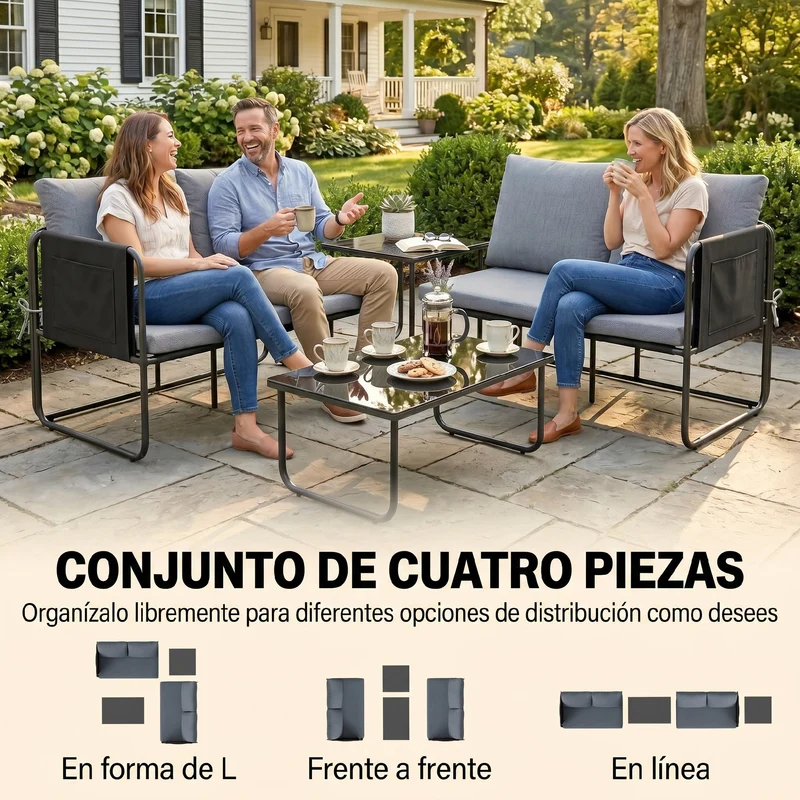 Outsunny Conjunto Jardín Exterior de 4 Piezas, Muebles Jardín Exterior con 2 Sofás 2 Plazas, 2 Mesas de Vidrio, Cojines, Fundas Extraíbles, Bolsillos, Tela Textilene Transpirable, Marco Acero, Gris