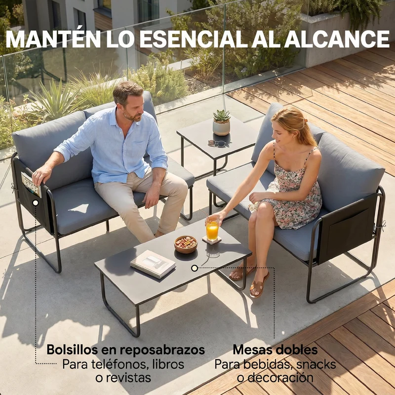 Outsunny Conjunto Jardín Exterior de 4 Piezas, Muebles Jardín Exterior con 2 Sofás 2 Plazas, 2 Mesas de Vidrio, Cojines, Fundas Extraíbles, Bolsillos, Tela Textilene Transpirable, Marco Acero, Gris