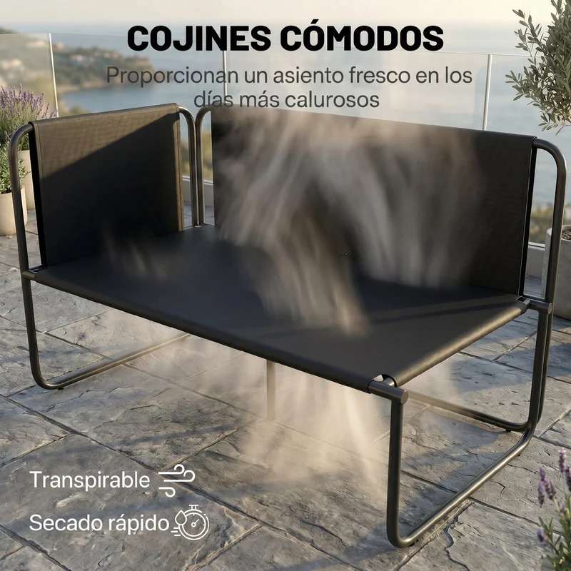 Outsunny Conjunto Jardín Exterior de 4 Piezas, Muebles Jardín Exterior con 2 Sofás 2 Plazas, 2 Mesas de Vidrio, Cojines, Fundas Extraíbles, Bolsillos, Tela Textilene Transpirable, Marco Acero, Gris