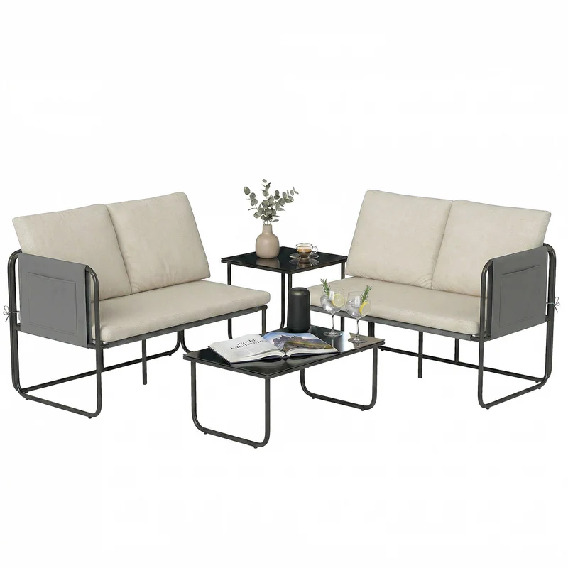 Outsunny Conjunto Jardín Exterior de 4 Piezas, Muebles Jardín Exterior con 2 Sofás 2 Plazas, 2 Mesas de Vidrio, Cojines, Fundas Extraíbles, Bolsillos, Tela Textilene Transpirable, Marco Acero, Caqui