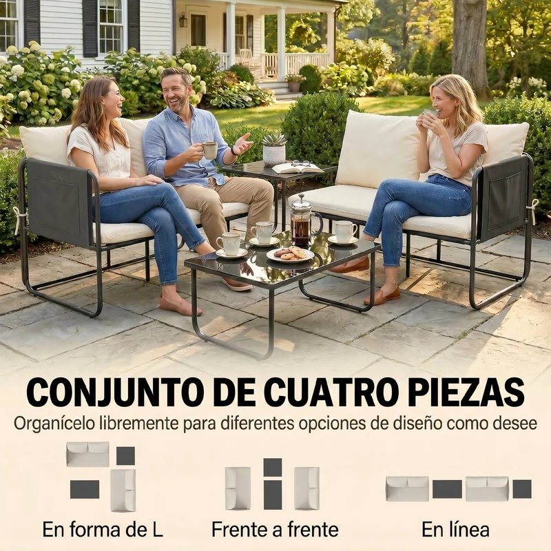 Outsunny Conjunto Jardín Exterior de 4 Piezas, Muebles Jardín Exterior con 2 Sofás 2 Plazas, 2 Mesas de Vidrio, Cojines, Fundas Extraíbles, Bolsillos, Tela Textilene Transpirable, Marco Acero, Caqui
